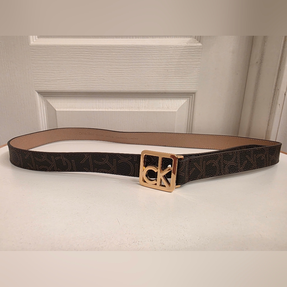 Calvin Klein Women's Logo Belt in Brown with Gold Buckle